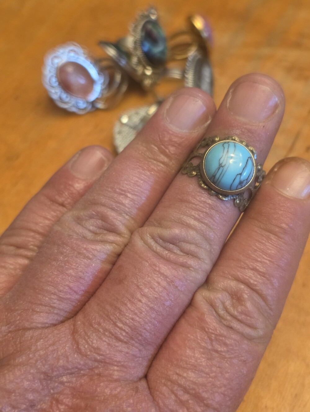 Blue Turqoise Gemstone In Bronze Tone Band, Adjustable Size